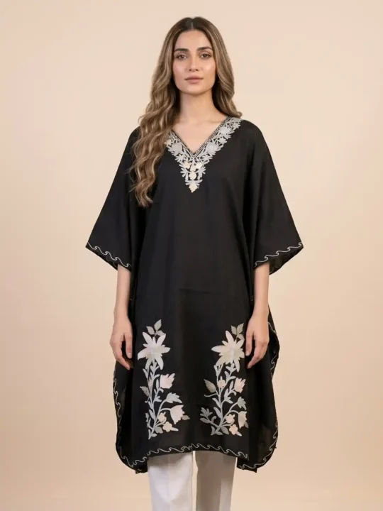 Black Long Summer Cool Cotton Kaftan With Aari Embroidery Rangrez