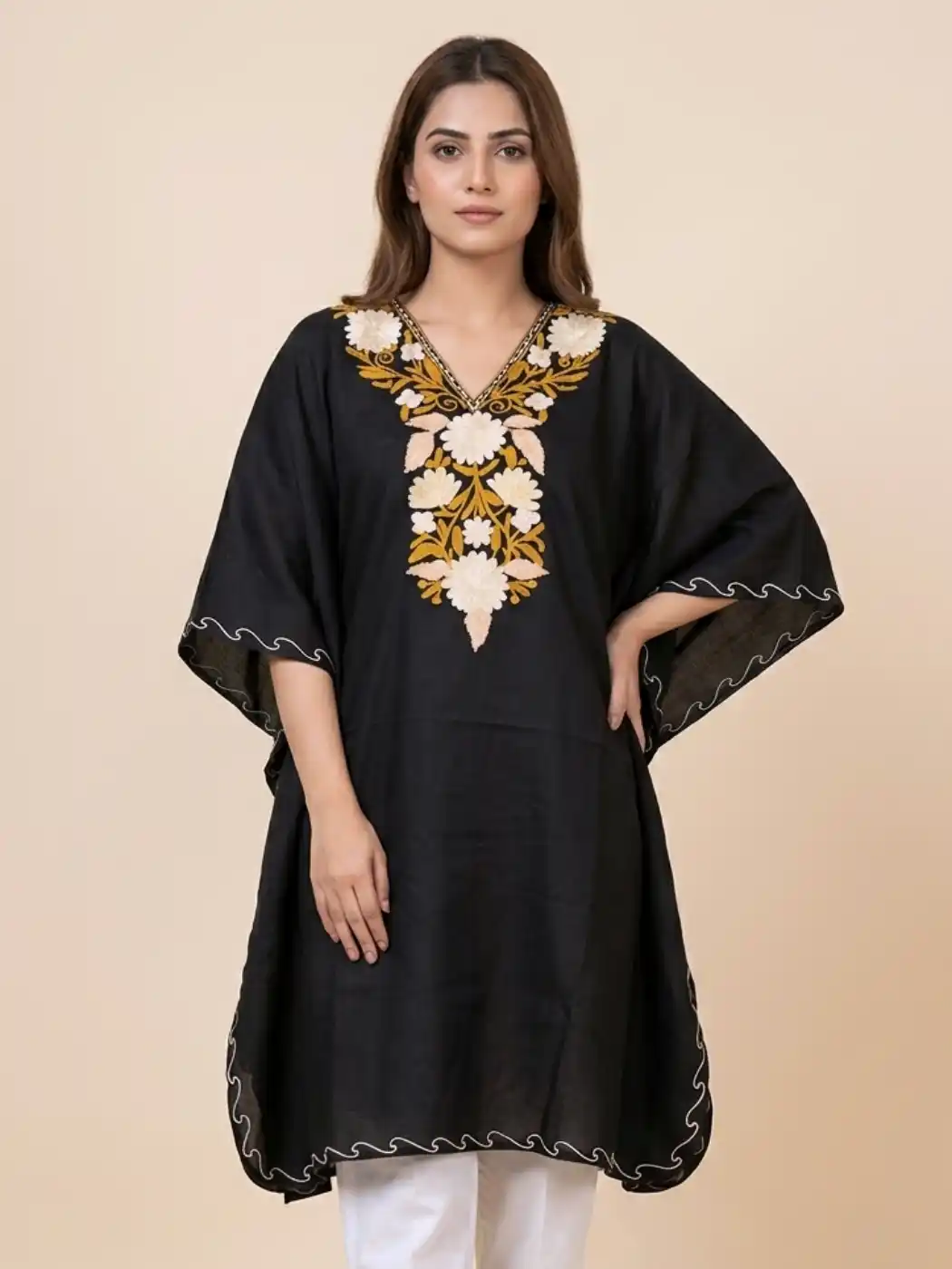 Baseerah Black Long Summer Cool Cotton Kaftan With Aari Embroidery