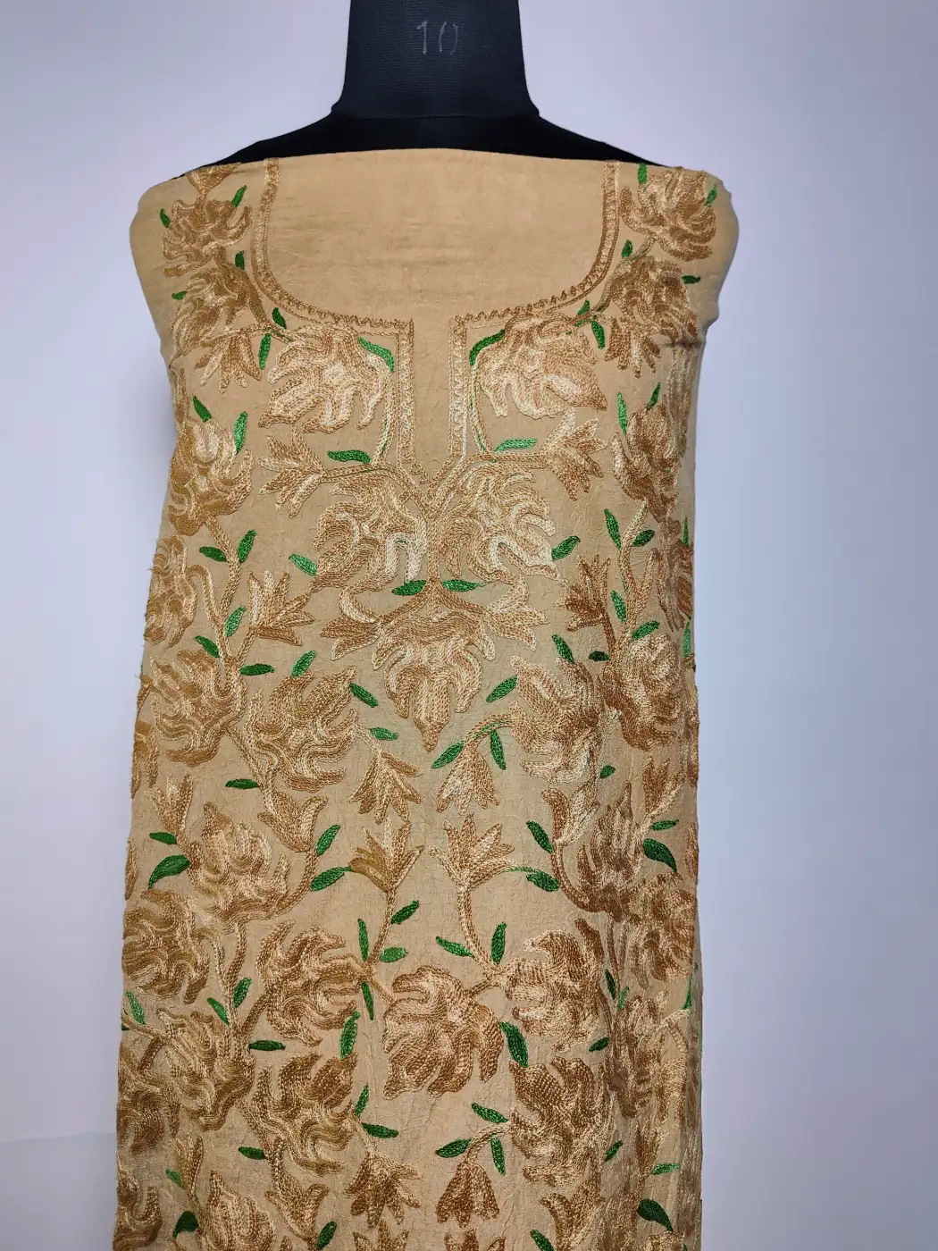 Kashmiri Sabaat 2pc Suit in Beige Crush Cotton with Chinari Aari Embroidery - Image 2