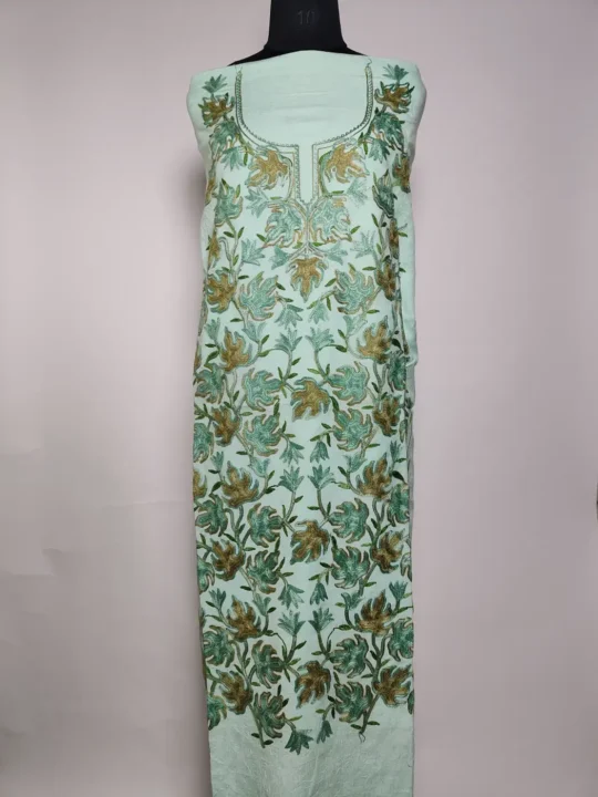 2pc Kashmiri Tea Green Suit Crush Cotton with Haseen Chinari Aari Embroidery