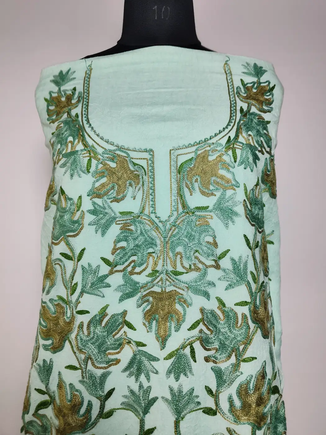 2pc Kashmiri Tea Green Suit Crush Cotton with Haseen Chinari Aari Embroidery - Image 2