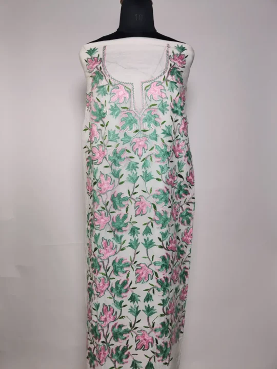 White 2pc Kashmiri Suit Crush Cotton with Dilafroz Chinari Aari Embroidery