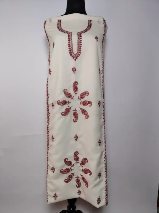Kashmiri 2pc Cream Summer Cool Cotton Suit Rukhsan with Hand Sozni Embroidery