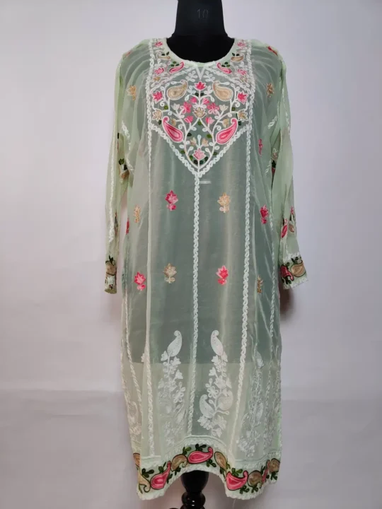 Naaz-e-Gul Sea Green Long Georgette Kurti with Aari Embroidery