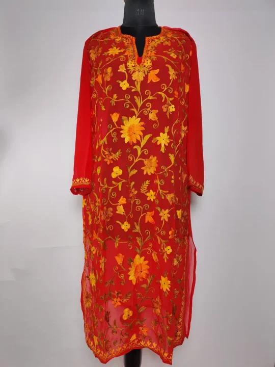 Red Long Georgette Kurti with Aari Embroidery Zareen