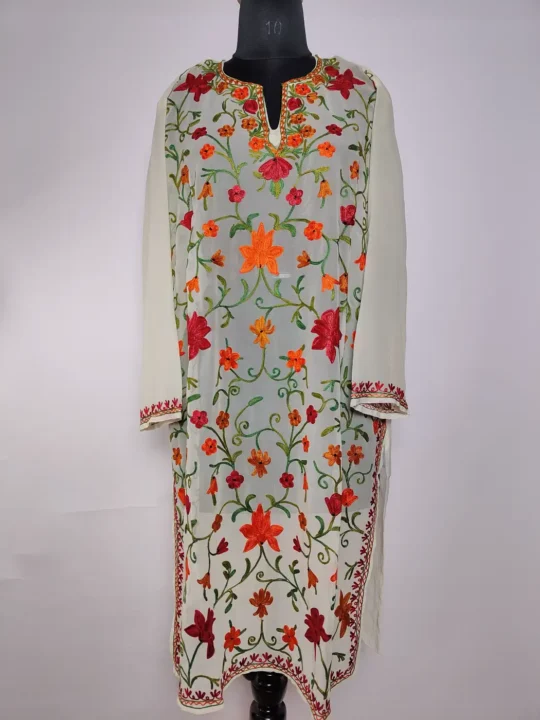 Haseen Long Georgette Kurti in Cream with Aari Embroidery
