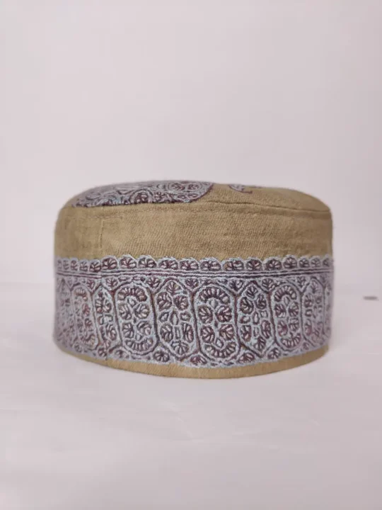 Areeb Beige Designer Cap with Hand Sozni Embroidery