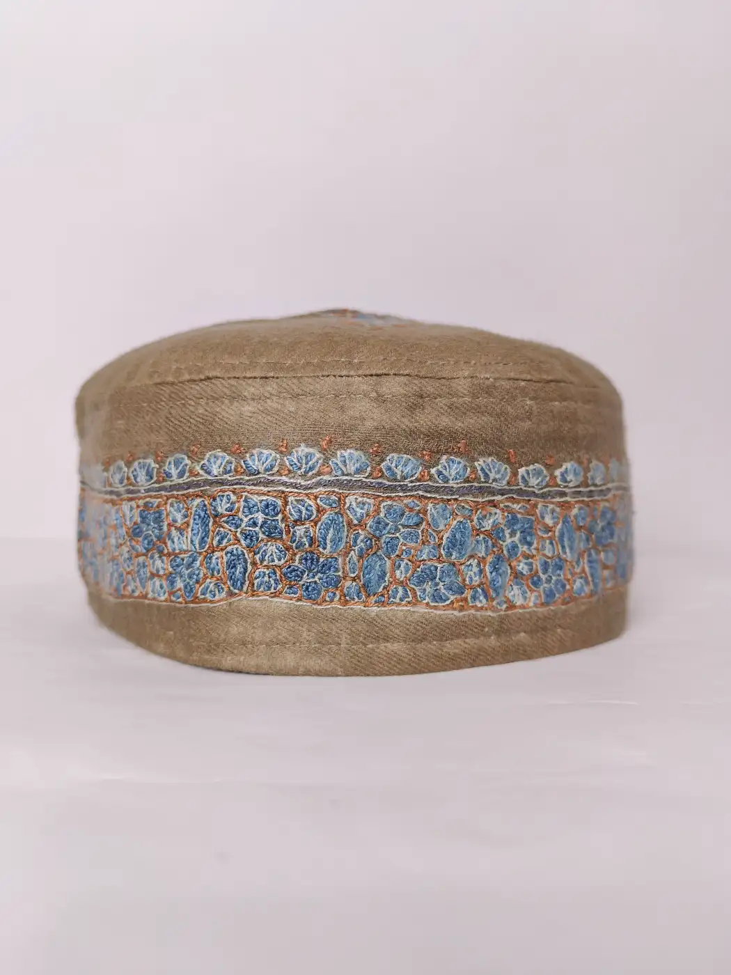Beige Handmade Cap with Hand Sozni Embroidery Rasiq