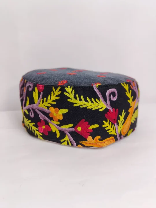 Naseem Bagh Black and Grey Kashmiri Gents Cap with Hand Aari and Sozni Embroidery