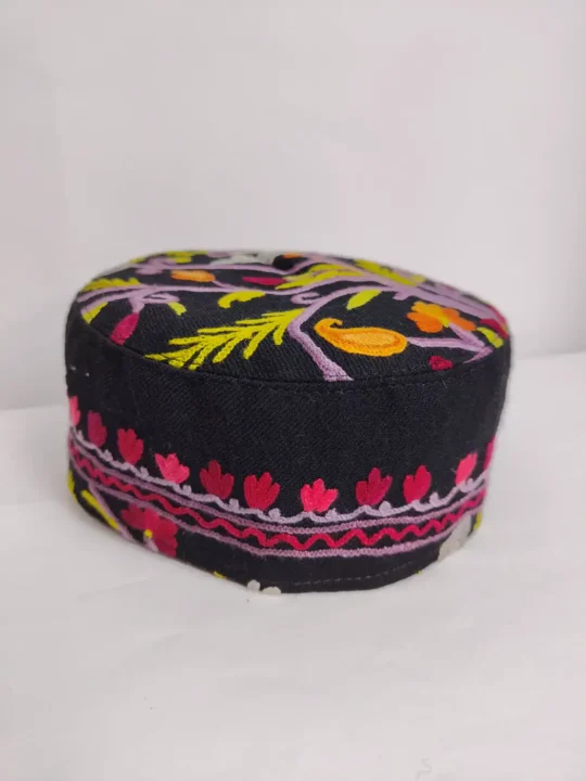 Round Kashmiri Nabeel Cap in Black With Hand Aari Embroidery