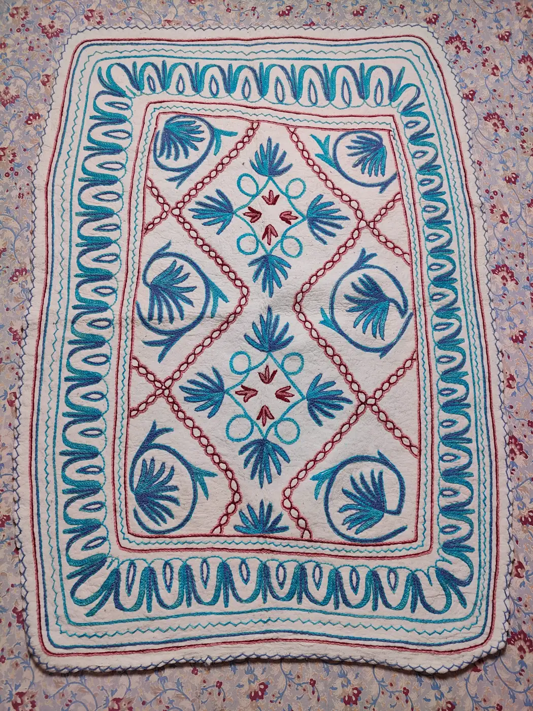 Pure Wool Namda in 6×4 ft - Hand Aari Embroidery with Blue