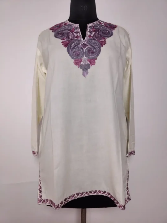 White Kashmiri Summer Cool Cotton Kurti with Aari Embroidery - Rukhsar