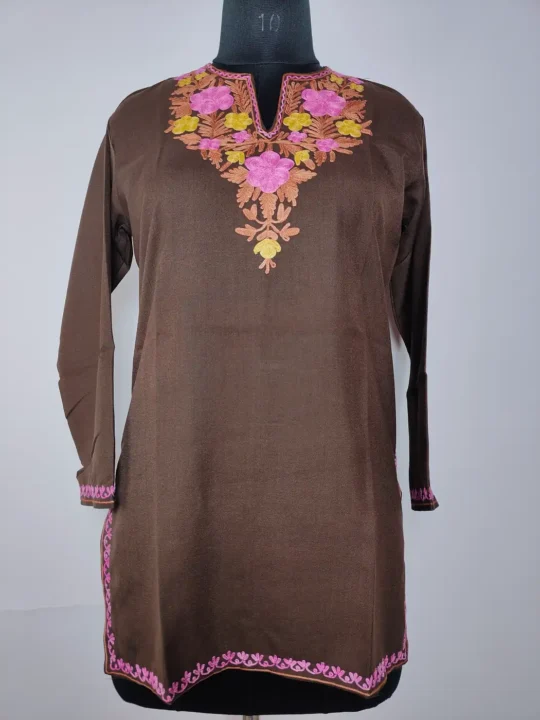 Kashmiri Short Brown Summer Cool Cotton Kurti with Gulrez Aari Embroidery