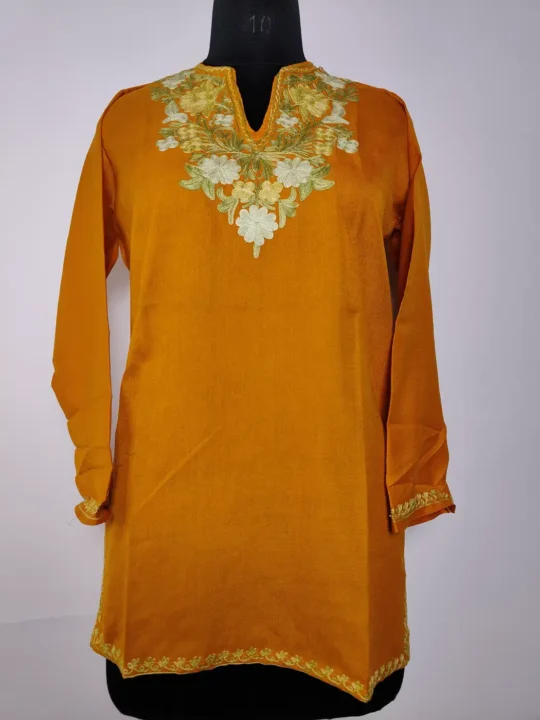 Mustard Kashmiri Short Summer Cool Cotton Kurti with Aari Embroidery Nazneen