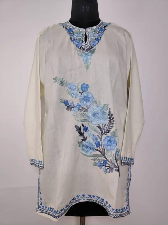 Kashmiri Short Cream Summer Cool Cotton Shehzadi Kurti with Aari Work