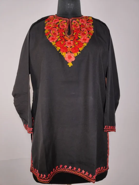 Black Kashmiri Short Falak Summer Cool Cotton Kurti with Aari Work