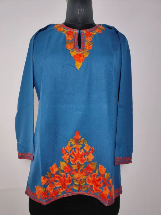 Kashmiri Short Summer Cool Cotton Blue Kurti with Aari Work Zareen