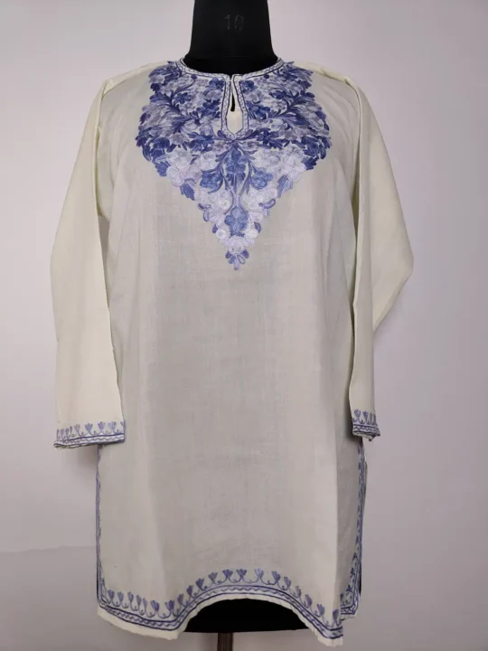 Hoor Kashmiri Cream Short Summer Cool Cotton Kurti with Aari Work