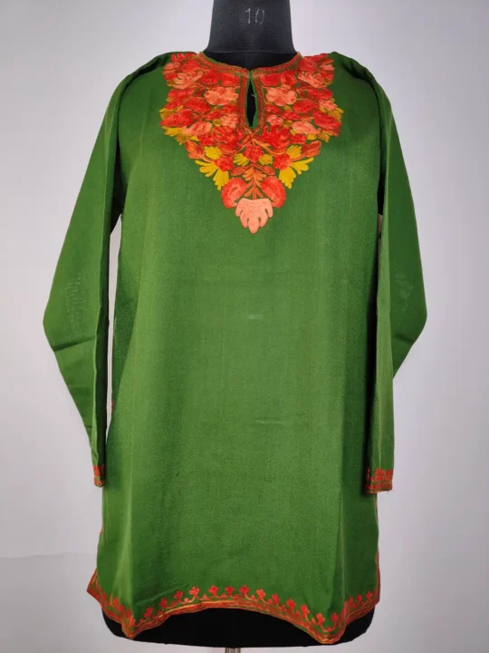 Kashmiri Green Short Summer Cool Cotton Kurti with Mehrunisa Aari Work