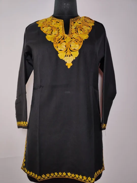 Dilafroz | Kashmiri Black Short Summer Cool Cotton Kurti with Aari Embroidery