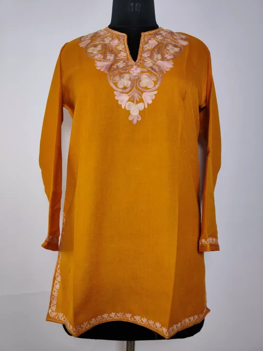 Mustard Kashmiri Short Summer Cool Cotton Kurti with Aari Work