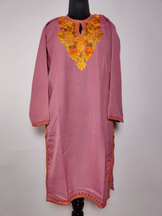 Norain Pink Kashmiri Long Summer Cool Cotton Kurti with Aari Work