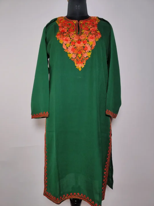 Kashmiri Rida Long Summer Cool Cotton Kurti in Dark Green with Aari Work Embroidery