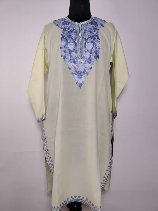 Long Kashmiri Cream Summer Cool Cotton Kurti Sadaf with Aari Embroidery