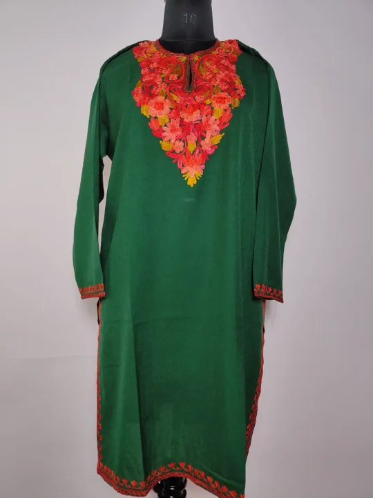Long Dark Green Hina Kashmiri Summer Cool Cotton Kurti with Aari Embroidery
