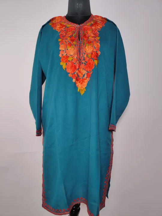 Zoyah Sea Green long Yusra Kashmiri Summer Cool Cotton Kurti with Aari Embroidery
