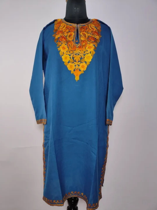 Zoyah Sea Kashmiri Green Long Summer Cool Cotton Kurti with Aari Embroidery