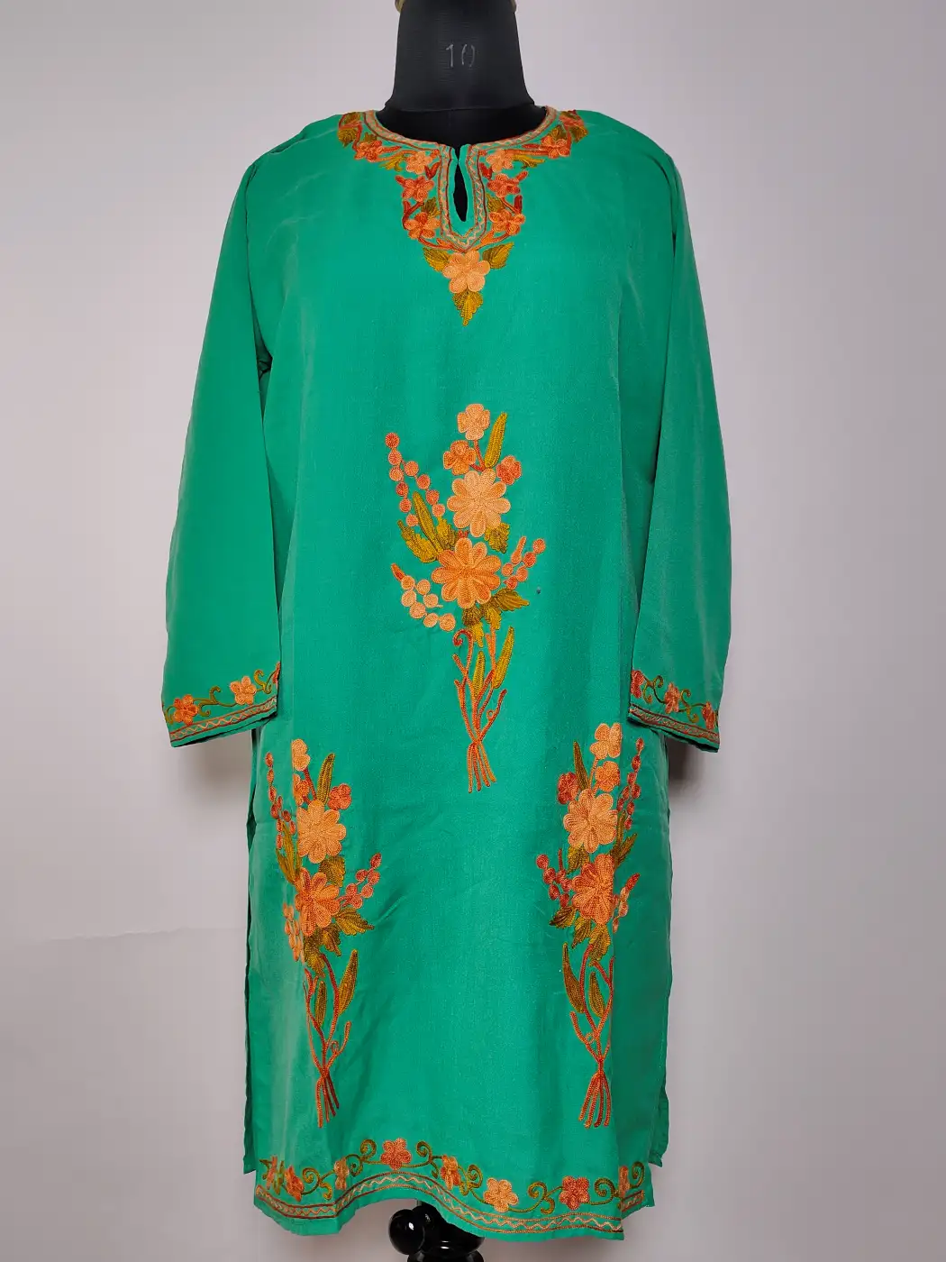 Teal Green Kashmiri Long Summer Cool Cotton Kurti with Anaya Aari Embroidery
