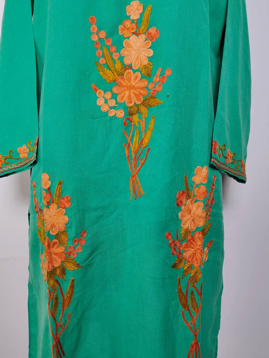 Teal Green Kashmiri Long Summer Cool Cotton Kurti with Anaya Aari Embroidery - Image 2