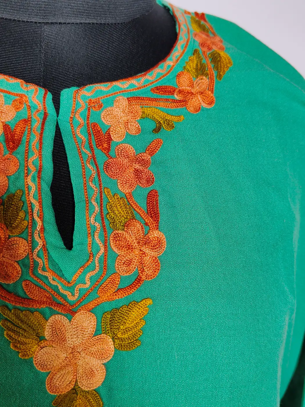 Teal Green Kashmiri Long Summer Cool Cotton Kurti with Anaya Aari Embroidery - Image 3