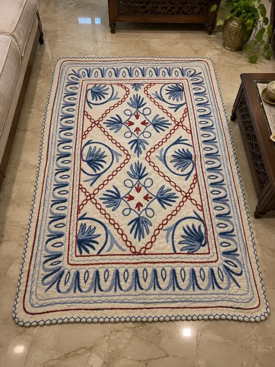 Kashmiri Rang-e-Safed Pure Wool Namda in 6×4 ft - Hand Aari Embroidery