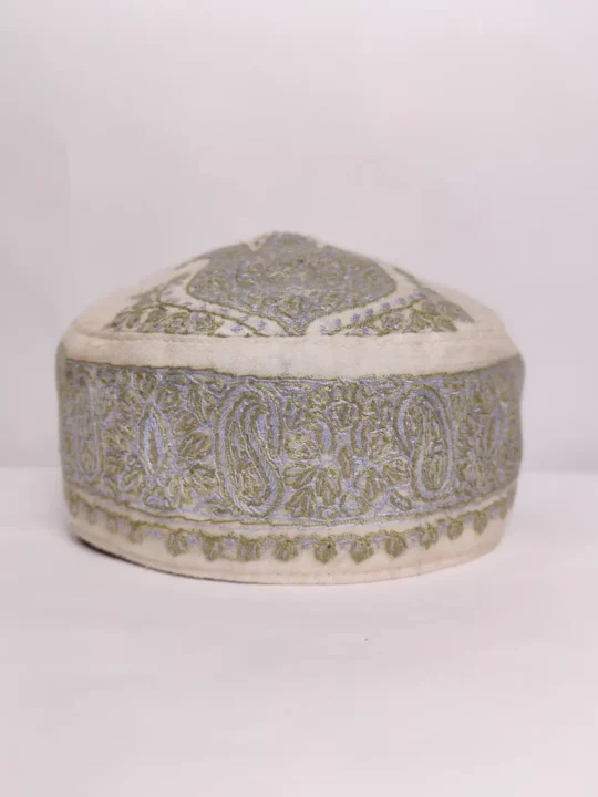 Cream Kashmiri Pashmina Cap with Hand Sozni Embroidery