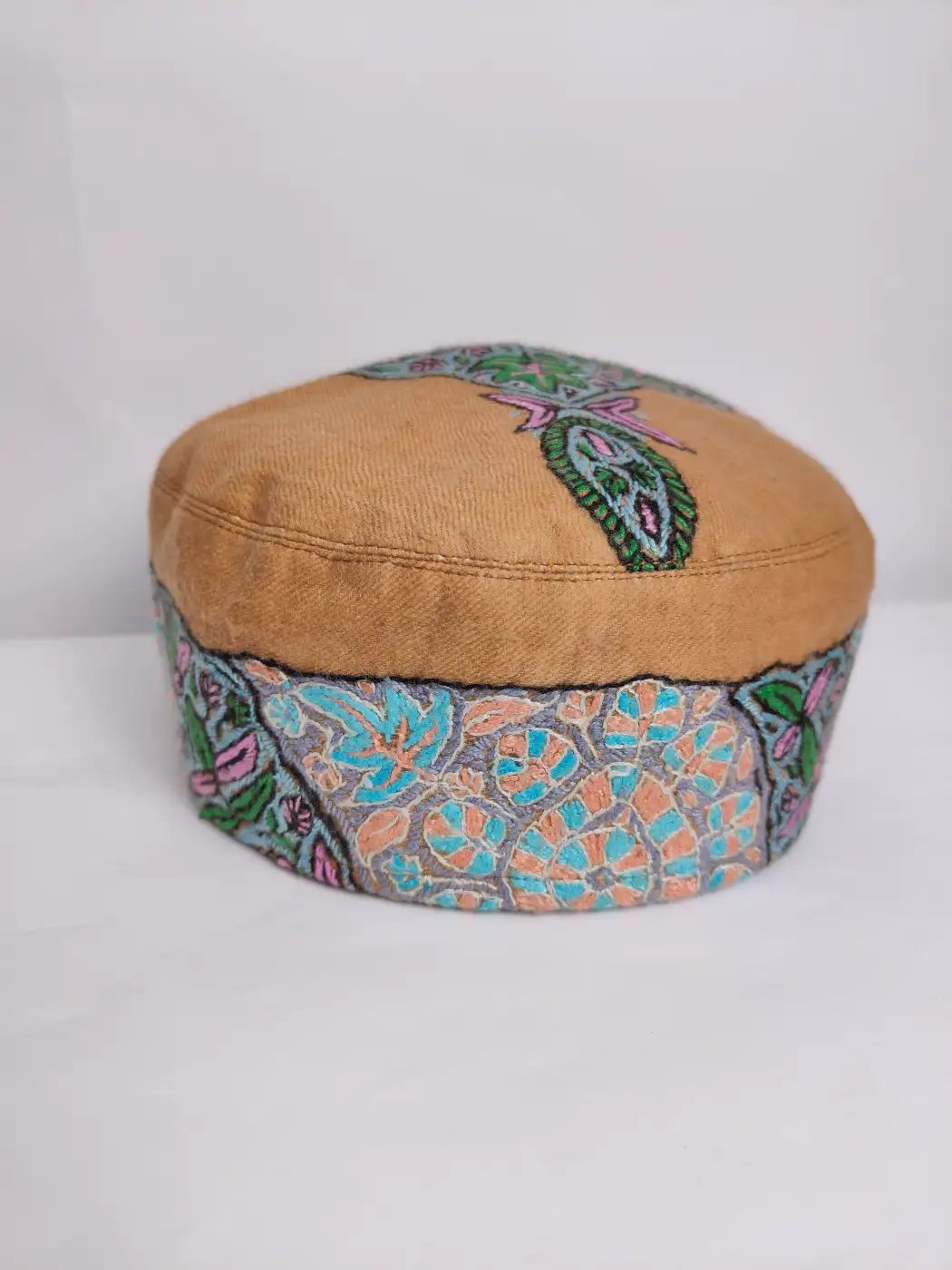 Kashmiri Beige Cap with Hand Pashmina Sozni Embroidery | Kaykobad