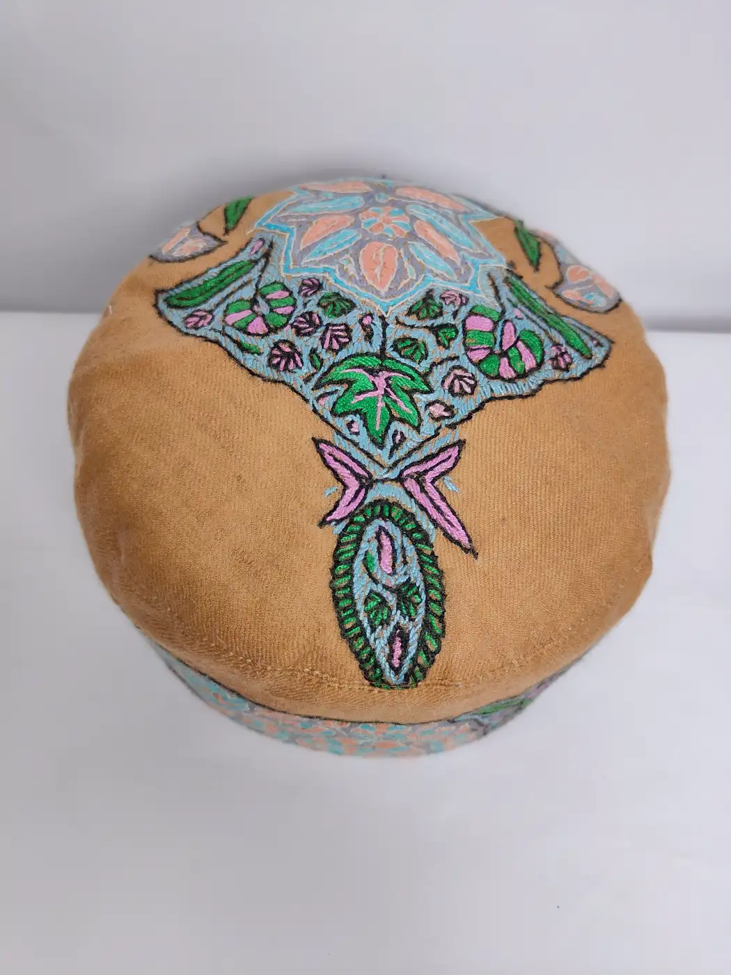 Kashmiri Beige Cap with Hand Pashmina Sozni Embroidery | Kaykobad - Image 2