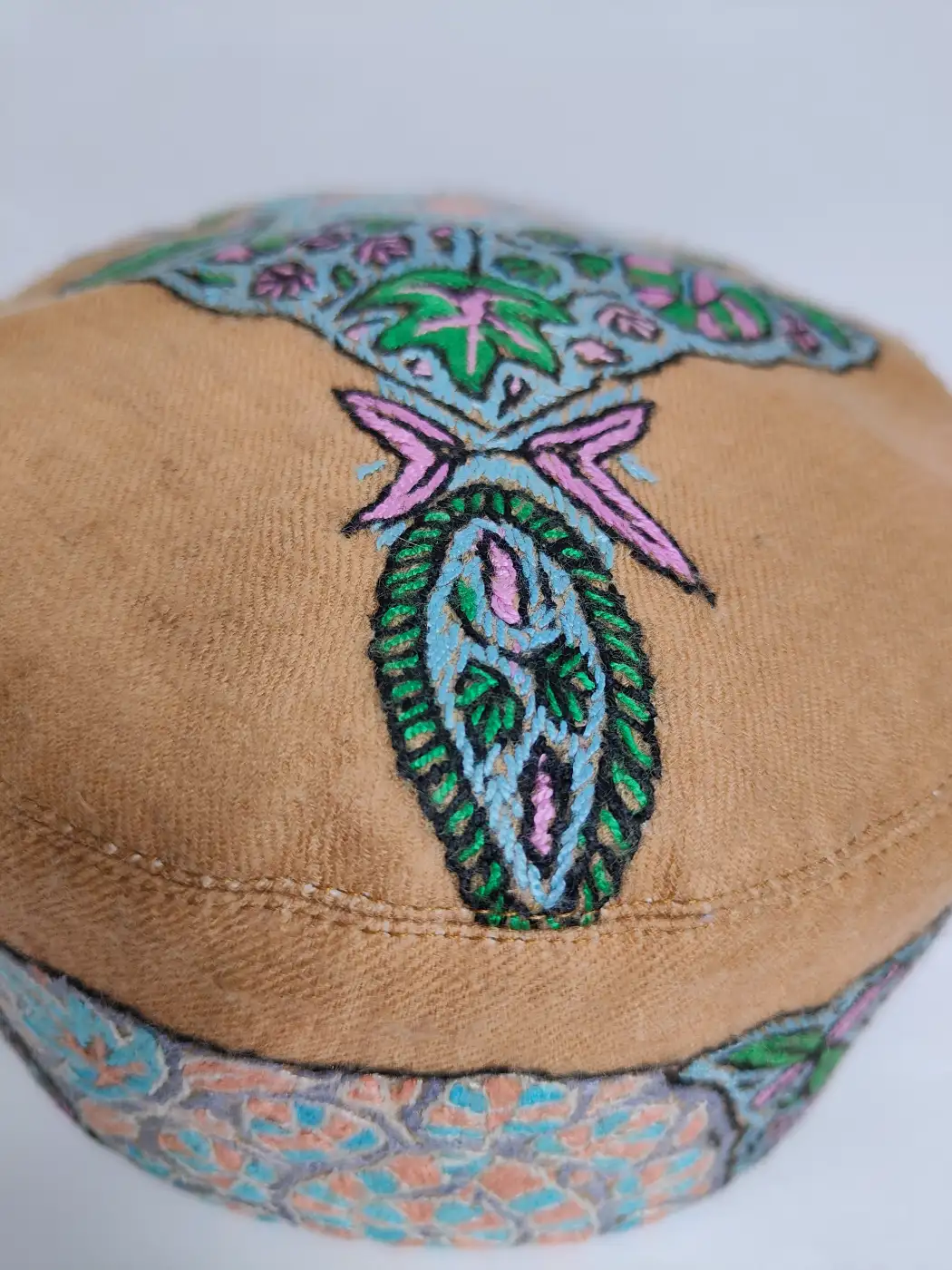 Kashmiri Beige Cap with Hand Pashmina Sozni Embroidery | Kaykobad - Image 3