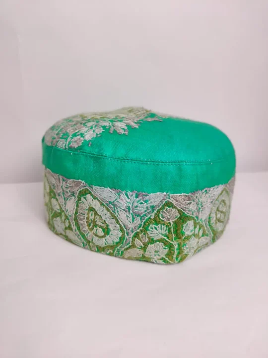 Pashmina Kashmiri Kazi Oceanic Green Cap with Designer Hand Sozni Embroidery