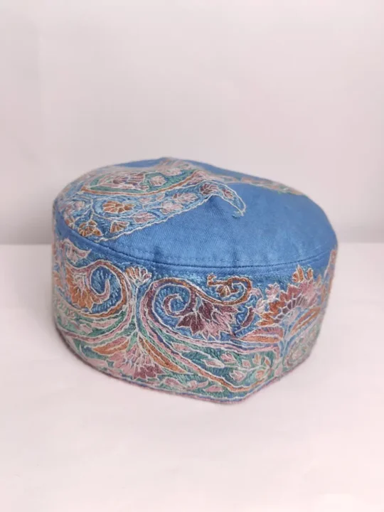 Stylish Kashmiri Pashmina Blue Cap with Hand Sozni Embroidery