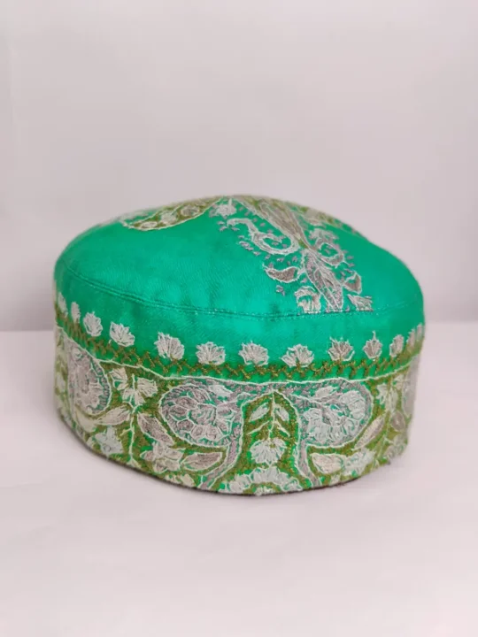 Kashmiri Pashmina Round Cap in Green with Hand Sozni Embroidery