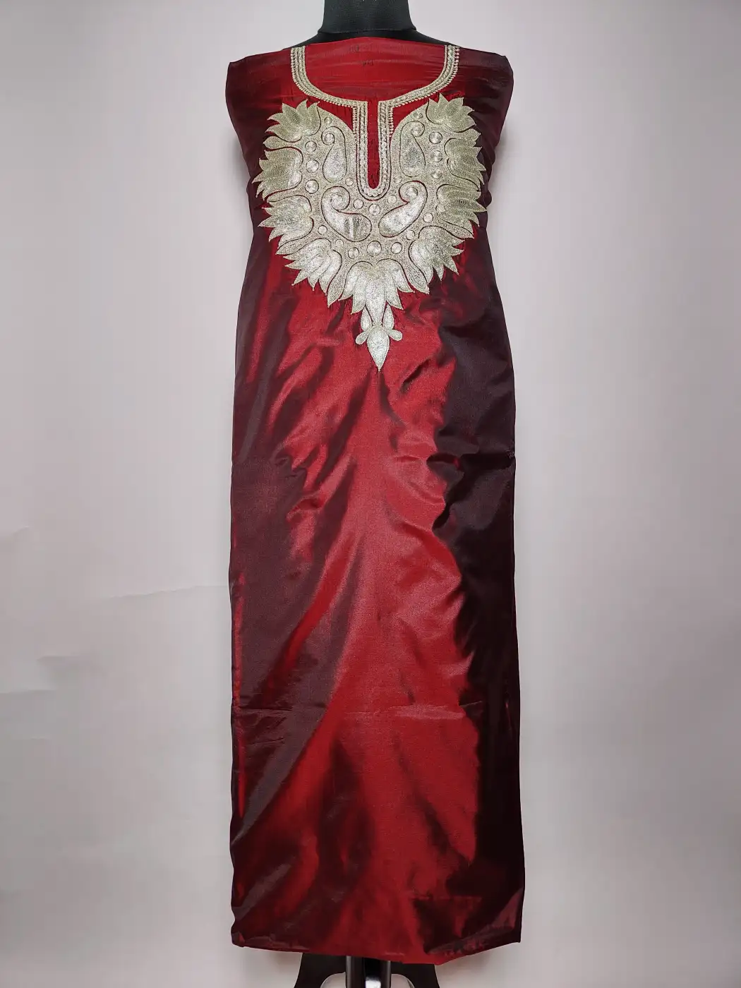 3pc Silk Wine Kashmiri Unstitched Suit with Botte Tilla Embroidery - Image 2