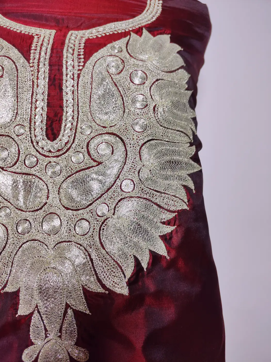 3pc Silk Wine Kashmiri Unstitched Suit with Botte Tilla Embroidery - Image 4