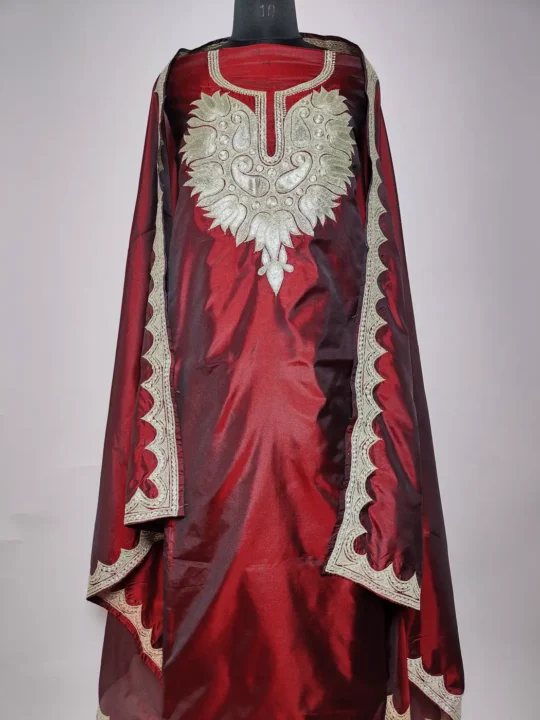 3pc Silk Wine Kashmiri Unstitched Suit with Botte Tilla Embroidery