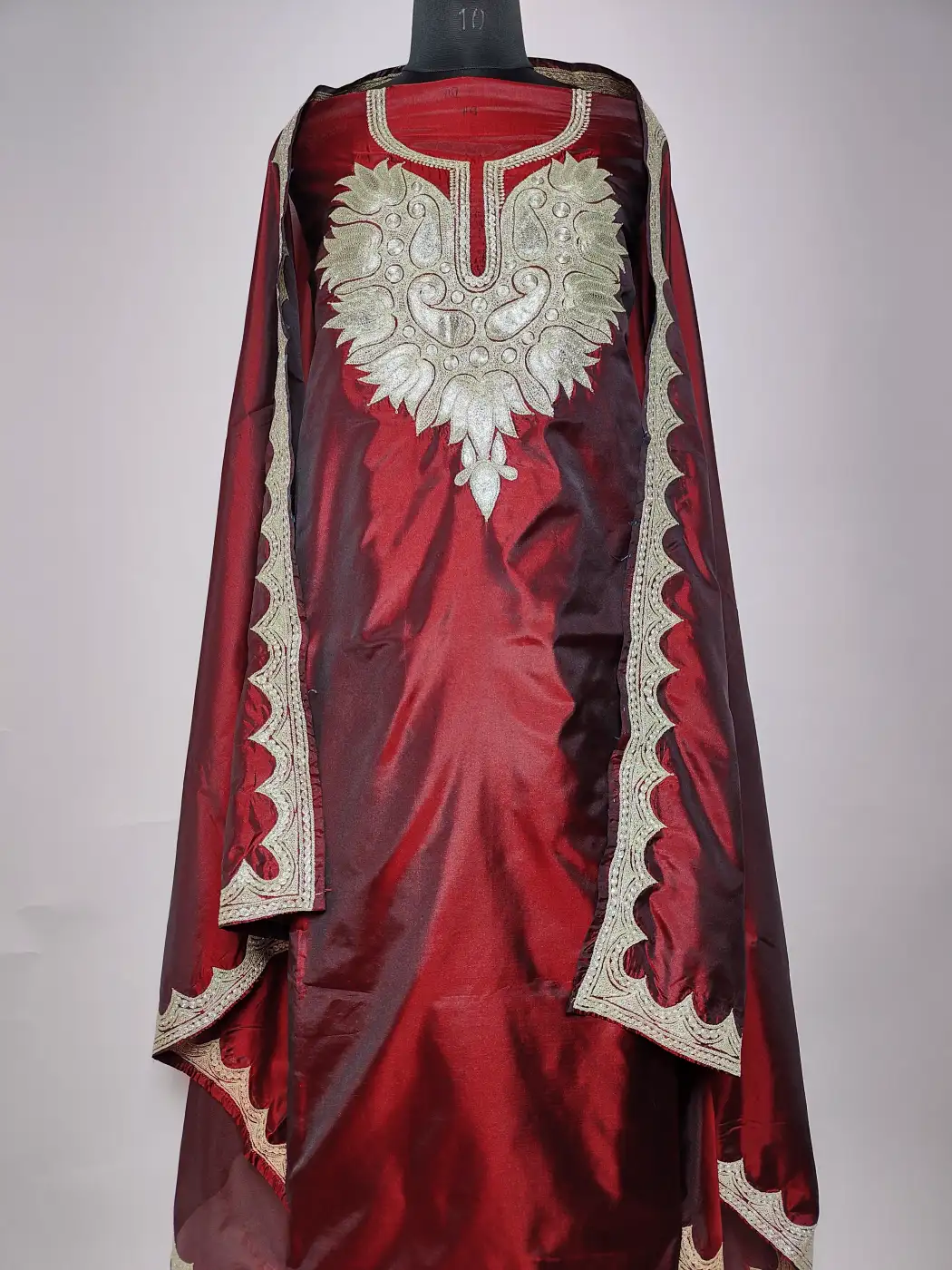 3pc Silk Wine Kashmiri Unstitched Suit with Botte Tilla Embroidery