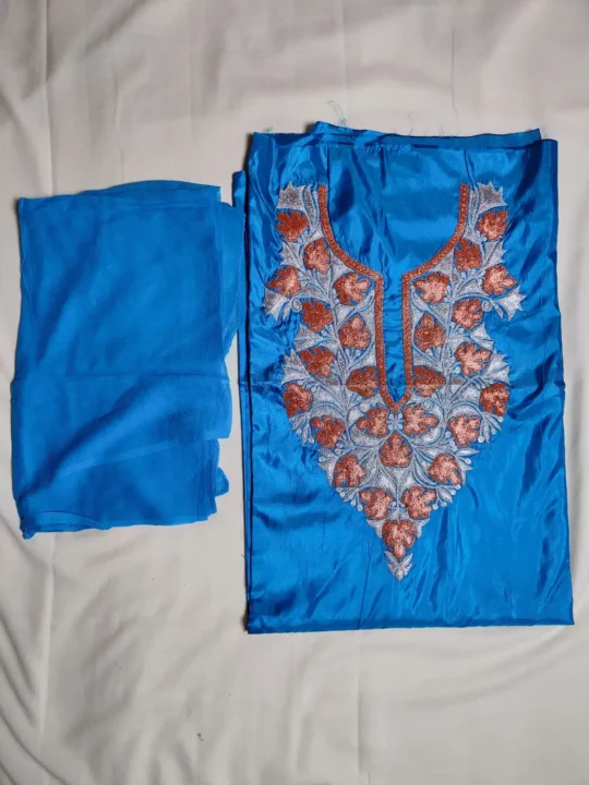 Blue Kashmiri 3pc Silk Unstitched Suit with Botte Tilla Embroidery Nazish
