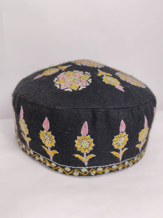 Azad Black Round Cap in Pure Pashmina with Hand Sozni Embroidery