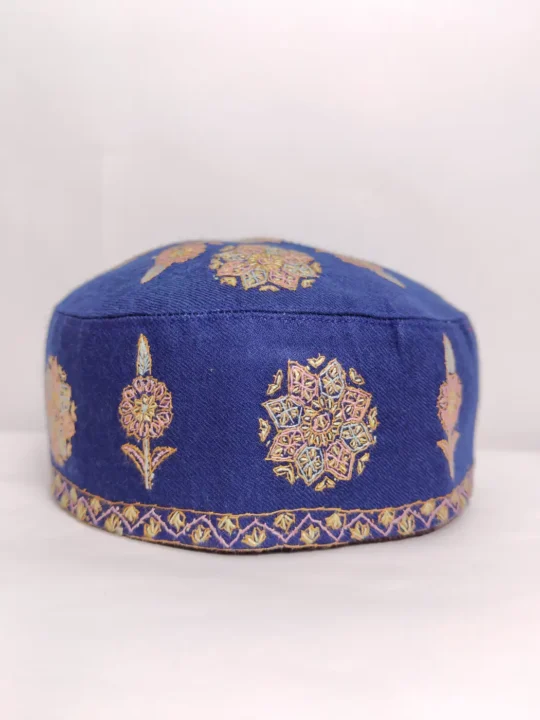 Classic Kashmiri Dark Blue Cap Kabir with Hand Sozni Embroidery
