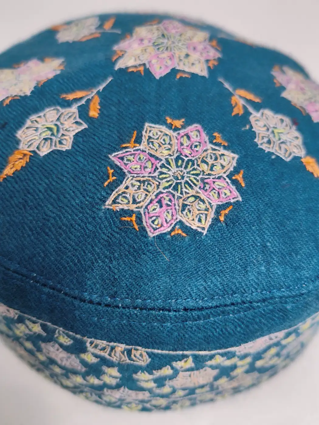 Blue Handmade Kashmiri Cap in Pure Pashmina with Hand Sozni Work - Image 3